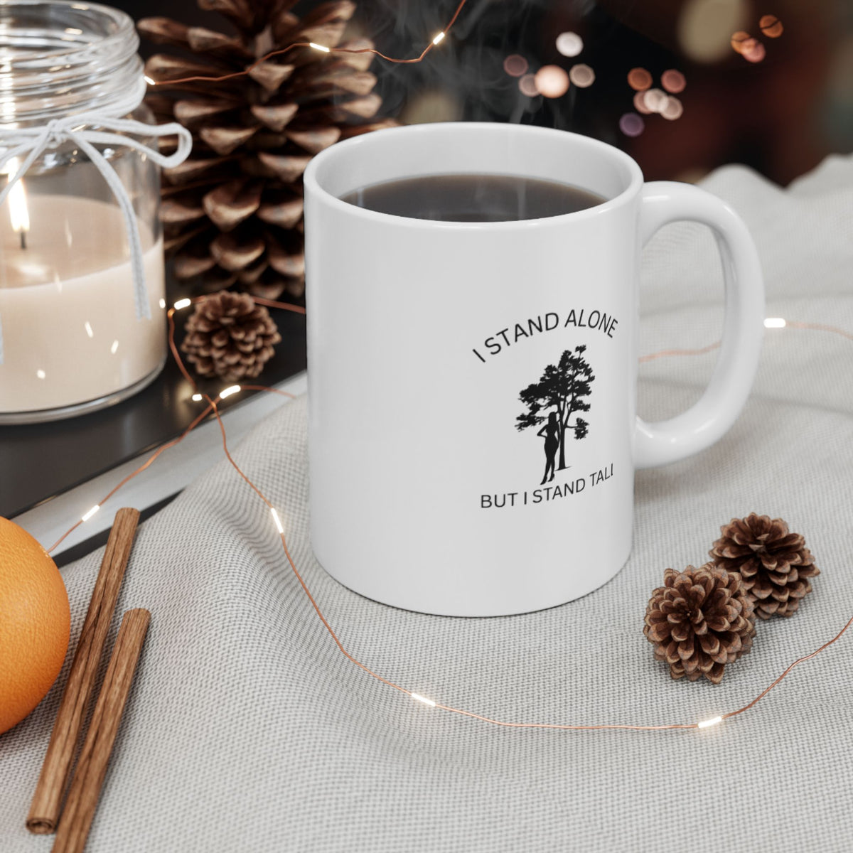 I Stand Alone Mug, Inspirational Tree Quote Coffee Cup, Motivational Daily Reminder Ceramic Mug, Minimalist Nature Line Art Gift for Friend